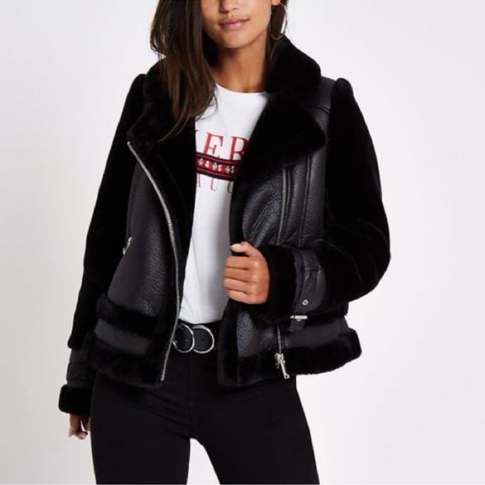 RIVER ISLAND Aviator Faux Fur Black Jacket LIKE NEW 12